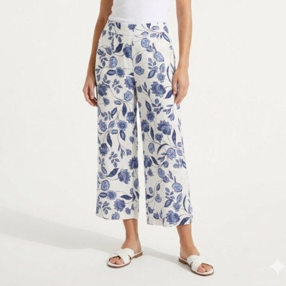 Ella Moss Linen Blend Blue & White Floral Print Casual Cropped Capri Pants M